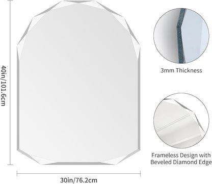 KOCUUY 30"x40" Frameless Wall Mirror, Arched Shape with Diamond-Shaped Beveled Edge,Unframed Decorative with Upgraded Shatterproof Glass,Unique Frameless Mirror for Bathroom,Living Room,Bedroom