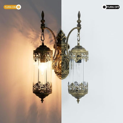 Rustic Glass Wall Sconce Vintage 2-Lights Antique Gothic Wall Light Fixture Retro Farmhouse Mid Centry Lantern Wall Sconce for Bedroom, Living Room, Mirror, Brush Gold, E12