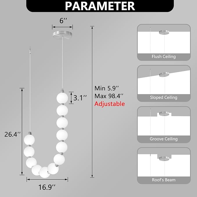 Modern Chandeliers LED Dimmable Light Acrylic Balls Ceiling Pendant Lighting for Living Room Dining Room Bedroom Adjustable Hanging Lights 25 Watts Silver Lamp