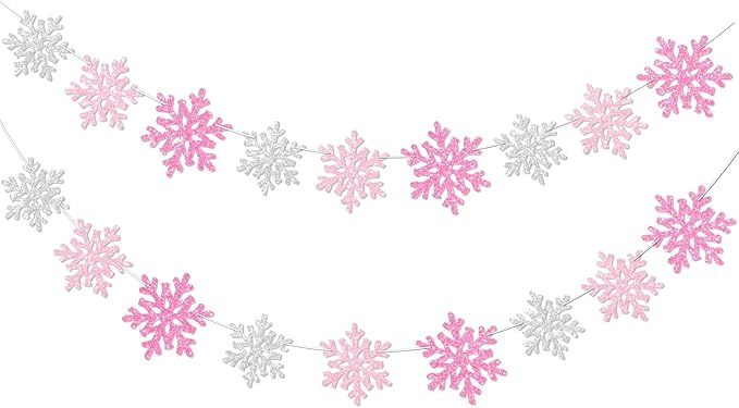 2Pack Pink Silver Snowflake Garland Winter Wonderland Decorations, Glitter Snowflake Banner for Girl Baby Shower Decorations, Birthday and Christmas Party Supplies, No DIY.