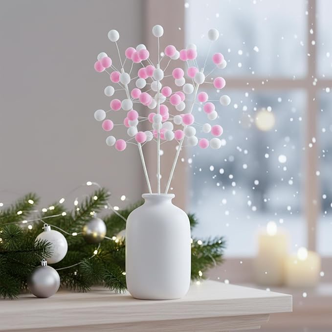 6 Pcs Pink White Pom Poms Christmas Decorations & Felt Christmas Picks and Sprays DIY Xmas Tree Toppers, Festive Tree Filler & Decor (PinkWhite)