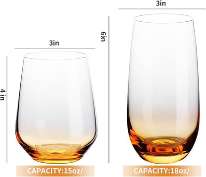 Set of 8 Drinking Glasses, Hand Blown, 4 Highball Glasses 18oz & 4 Stemless Wine Glasses 15oz, Colored Water Glass Cups, for Wedding, Gift