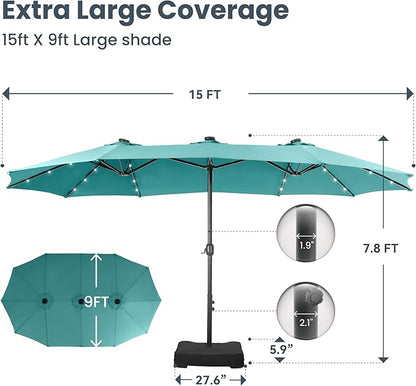 PHI VILLA 15ft Large Patio Umbrella with Solar Lights, Double-Sided Outdoor Market Rectangle Umbrellas with 36 LED Lights, Umbrella Base (Stand) Included, Turquois
