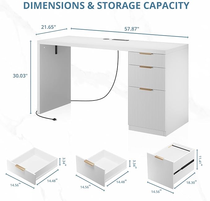 FURSUN 58" Modern Executive Desk with Storage, Home Office Desk with Drawer & Cabinet, Wooden Fluted Desk for Study, Living Room, Bedroom, White