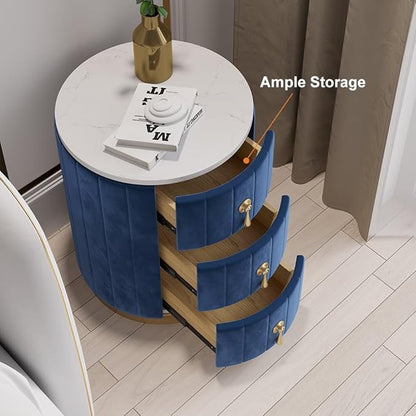 homary Blue Velvet Nightstand with Storage, Round Bedside Table with 3 Drawers, Stone Top Night Table for Bedroom, End Tables for Living Room