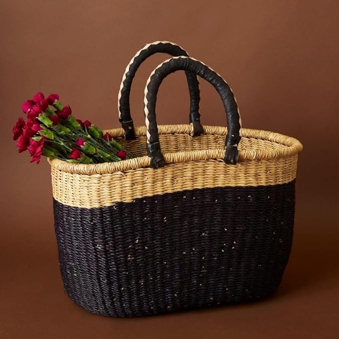 Kitchen & Dining Storage, Reusable Grocery Bag, Countertop Fruits Holder, Picnic Basket, Market Tote, Beach Basket, Harvesting, Foraging, Decorative Wicker Basket, Woven, Boho, Natural Black
