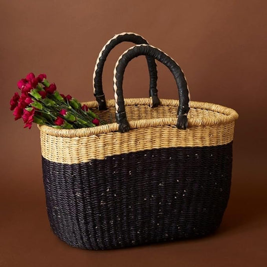 Kitchen & Dining Storage, Reusable Grocery Bag, Countertop Fruits Holder, Picnic Basket, Market Tote, Beach Basket, Harvesting, Foraging, Decorative Wicker Basket, Woven, Boho, Natural Black