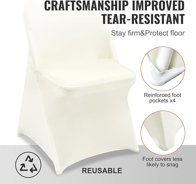 VEVOR Stretch Spandex Folding Chair Covers, Universal Fitted Chair Cover, Removable Washable Protective Slipcovers, for Wedding, Holiday, Banquet, Party, Celebration, Dining (30PCS Ivory White)