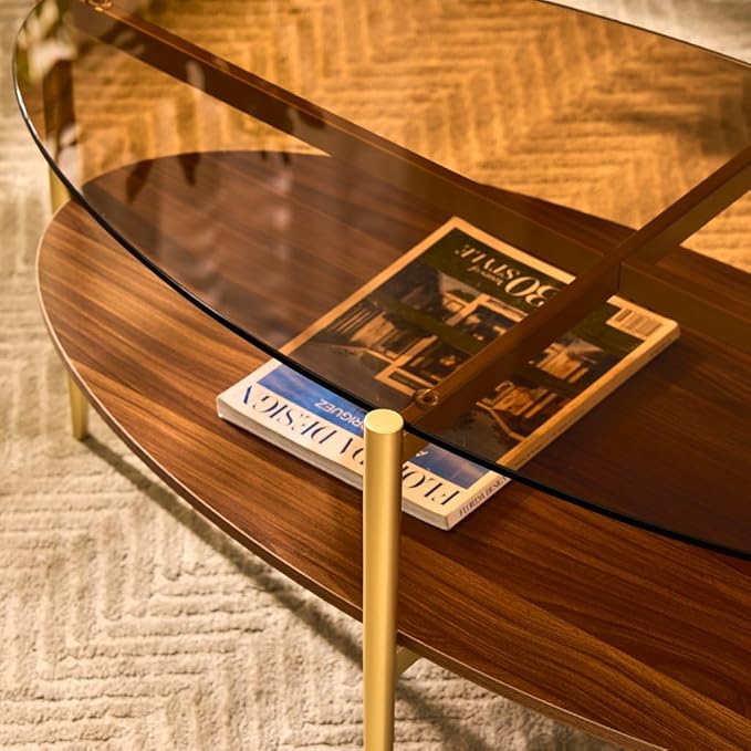 AGV LIGHTING Oval Coffee Table, Mid-Century Modern Coffee Table, Glass Coffee Table, Glod Finish Legs, Amber Brown Glass Top with Walnut MDF Shelf