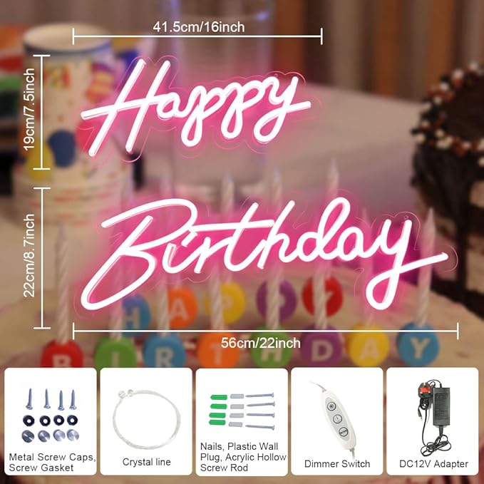 40"/23" Happy Birthday Neon Sign Large - Pink Happy Birthday Sign 12V - Happy Birthday Light Up Sign with Dimmable Switch - 2PCS Happy Birthday LED Sign for Backdrop, Party, Celebration, Decoration