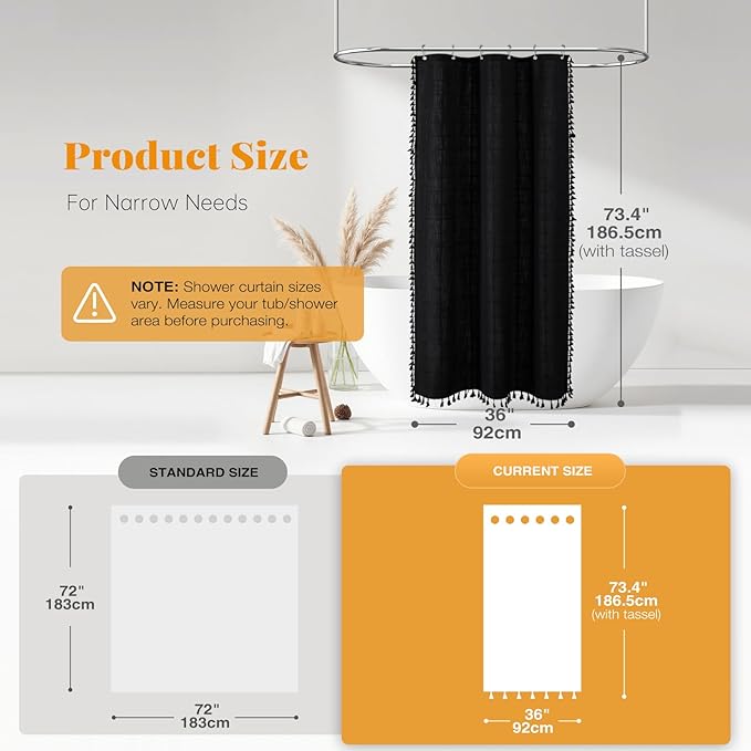 BTTN Boho Shower Stall Curtain - 36x72 Narrow Linen Ultra Thick Tassel Fabric Shower Curtain Set with 6 Plastic Hooks, Half Modern Farmhouse Country Weighted Shower Curtains for Bathroom - Black
