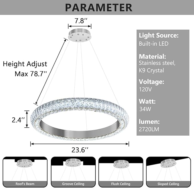 24" Ring Modern LED Dimmable Crystal Chandelier Adjustable Height Pendant Light Round Crystal Chandelier Light Fixtures for Dining Room Living Room Kitchen Island Silver