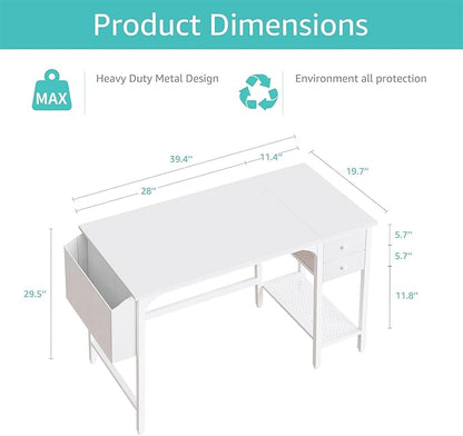 Lufeiya White Small Desk with Drawers - 40 Inch Computer Desk for Small Space Home Office, Modern Simple Study Writing Table PC Desks