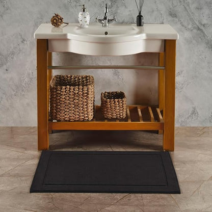 Hawmam Linen Bath Mats, 21 x 34 inches Ring Spun Cotton Banded Design Highly Absorbent, Black