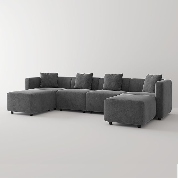 Acanva Convertible Modular Sectional Sofa, Modern Linen-Like Fabric Living Room Furniture Set with Reversible Chaise Lounge, Grey U-Shape Couch