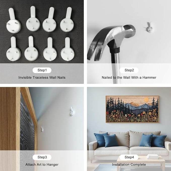 HOURIA Natural Mountain Floral Framed Canvas Wall Art,Modern Sunrise Forest Wall Decor,Boho Wildflower Woodland Landscape Artwork,Wilderness Pine Tree Field Art Print for Living Room,Office-20 x40 x1