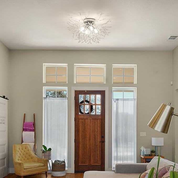 HMVPL Chrome Crystal 4-Light Mini Firework Ceiling Light Fixture, Modern Sputnik Chandelier, Suitable for Bedroom, Kitchen, Hallway, Closet, Dining Room