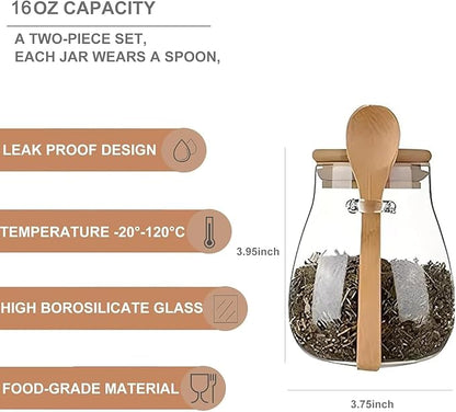 Airtight glass jar storage container with bamboo lid Set of 4, wide mouth, leak-proof, With a spoon, can be used for coffee beans, tea leaves, grains, dried fruits, etc (Small*4pcs)
