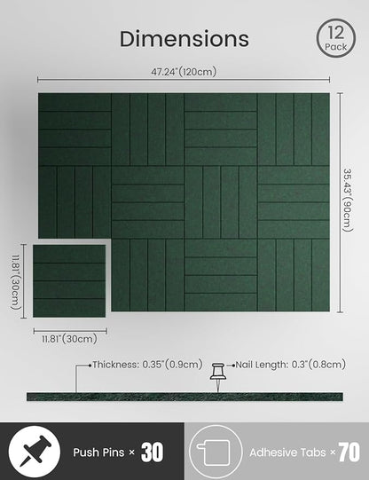 Bumusty Large Cork Board Alternative-47 x35 Felt Bulletin Board Tiles, with 30 Pushpins, 70 Adhesive Tabs, 12-Pack Slat Wall Paneling, Cork Boards for Office Push Pin Board Felt Board-Aurora Green