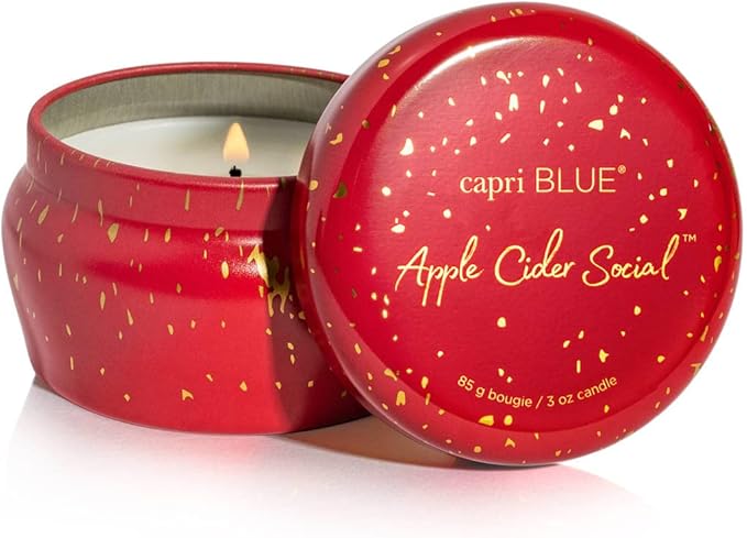 Capri Blue Glimmer Mini Tin - Apple Scented Candle with Mini Candle - Soy Wax Blend - Capri Blue Apple Cider Social Red and Gold (3 oz)