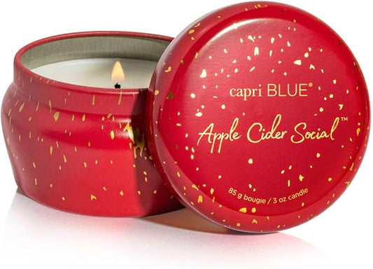 Capri Blue Glimmer Mini Tin - Apple Scented Candle with Mini Candle - Soy Wax Blend - Capri Blue Apple Cider Social Red and Gold (3 oz)
