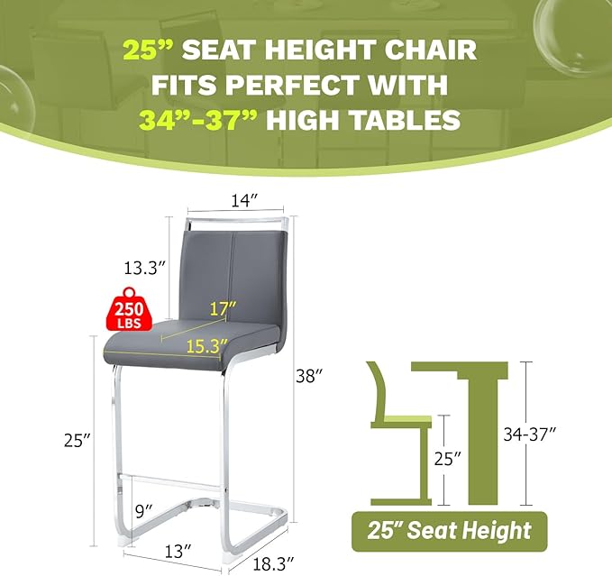 Bar Stools Set of 4,25" Counter Height Bar Stools with Footrest,Grey Faux Leather Kitchen Stools with Chrome Plated Metal Leg,Counter Height Stool Ideal for Island Pub Kitchen Counter Dining Chair