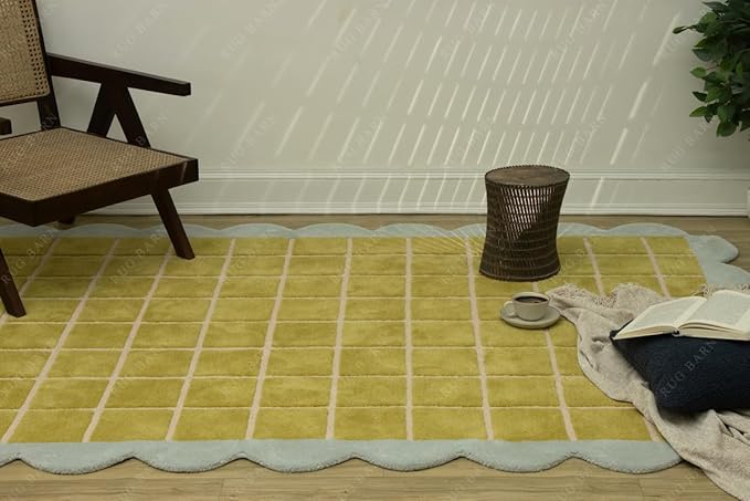 Checkered Wool Area Rug with Scalloped Border, Chartreuse Green & Cream Grid, Hand-Tufted, Soft Cut Pile, Modern Cottagecore Living Room, Bedroom & Nursery Carpet - 3x6 Ft