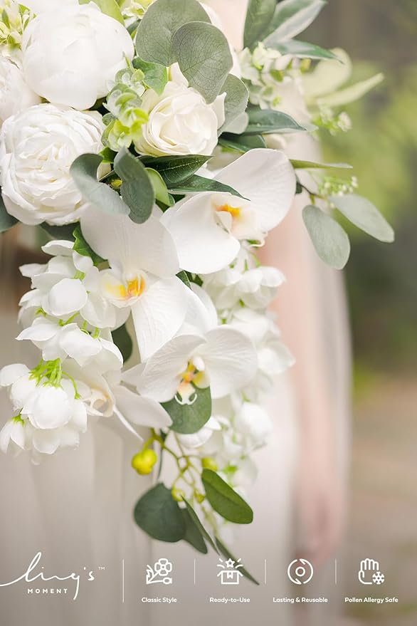 Ling's moment White Bridal Bouquet Cascading, White Wedding Bouquets for Bride, 13 Inch Ivory Bride Bouquets for Wedding Artificial Flowers Bouquets