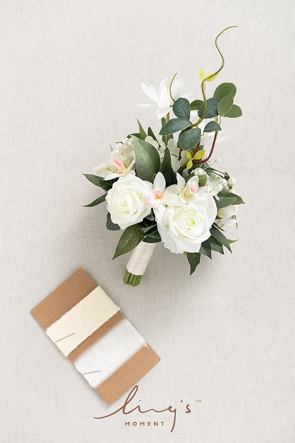 Ling's moment Artificial Flowers White Bridesmaid Bouquet, White & Sage Wedding Flowers Bouquets for Bridesmaids, 7 Inch Bridal Bouquets for Bridesmaids, Wedding, Ceremony, Anniversary, etc