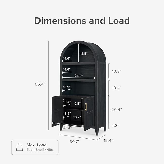 mopio Lauren 65.4" Short Arched Cabinet, 5-Tier Arched Bookcase with Doors and Shelves, Mini Arch Bookshelf with Storage, Wooden Storage Cabinet for Living Room and Kitchen Pantry (Black Accent)