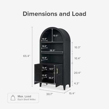 mopio Lauren 65.4" Short Arched Cabinet, 5-Tier Arched Bookcase with Doors and Shelves, Mini Arch Bookshelf with Storage, Wooden Storage Cabinet for Living Room and Kitchen Pantry (Black Accent)