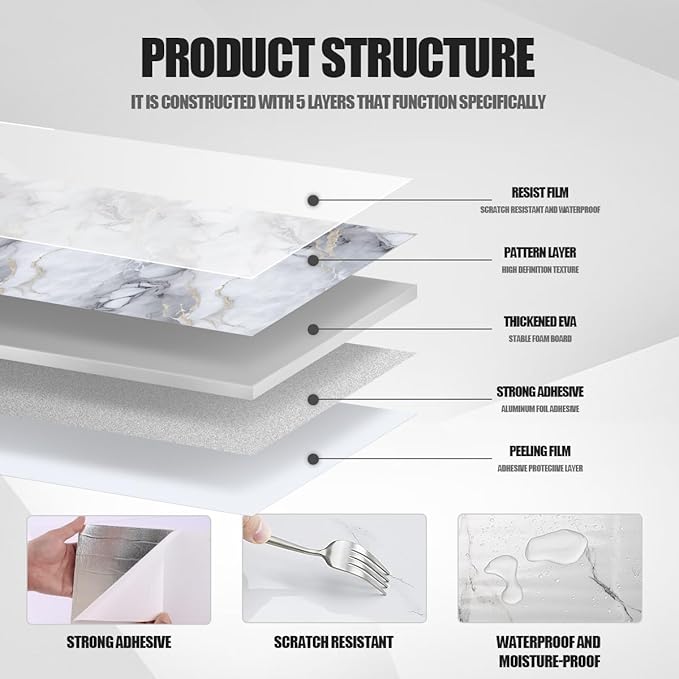 Thick 10pcs Marble Peel and Stick Backsplash Surface Waterproof Wall Panels,Self-Adhesive Marble PVC Foam Wall Panels for Kitchen, Bathroom - 11.8"x11.8" Kitchen Tile(Not Real Tiles,Blue)