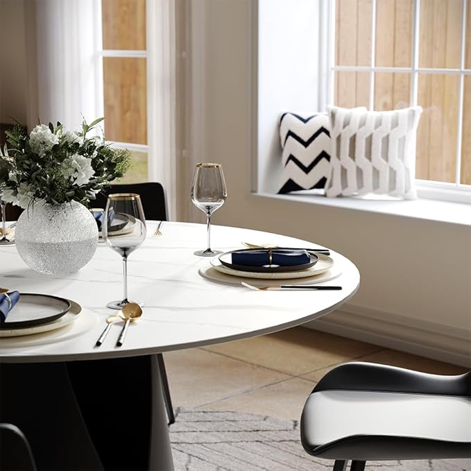 POVISON Modern Round Dining Table for 4, Marble Dining Room Table Round 47" Matte White Sintered Stone Tabletop with Solid Black Carbon Steel Pedestal, Circle Dining Table for Kitchen(Table Only)
