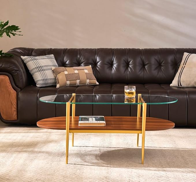 AGV LIGHTING Oval Rectangle Coffee Table with Clear Glass Top, Mid-Century Modern Coffee Table, Walnut MDF Shelf and Glod Metal Legs, Capsule Shape 2 Tier Coffee Table for Living Room, 42 Inch