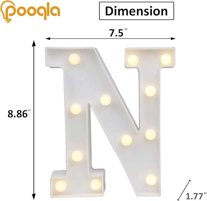 Pooqla LED Marquee Letter Lights, Warm White and Cool White Decorative Lighted Letters, Light Up Alphabet Letters for Boys Girls, Party, Wedding, Bar, Night Light, Birthday Decoration, Letter N