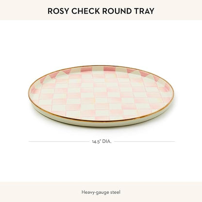 MACKENZIE-CHILDS Enamel Round Tray, Unique Serving Platter for Food and Drinks, Pink-and-White Rosy Check