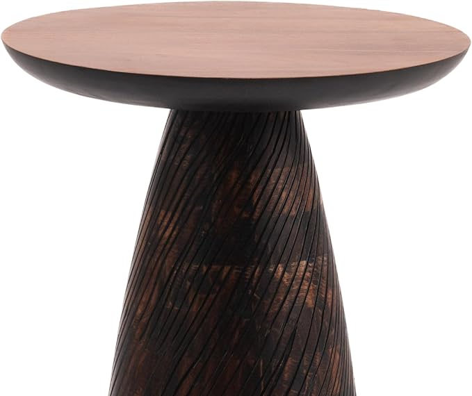 Mid-Century Farmhouse Cottagecore Accent Drink Table, Round Solid Mango Wood Accent Table with Carved Cone Base Minimalist Design for Small Spaces, Living Room, Bedroom or Entryway, Walnut, Assembled