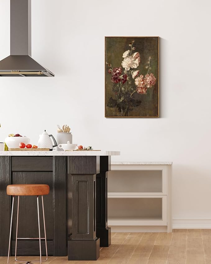 ARPEOTCY Large Framed Canvas Wall Art, Moody Hollyhocks Pictures Decor, 20x30Inch, Bathroom Kitchen Bedroom Vintage Floral Picture Decor, French Country Farmhouse Dark Art