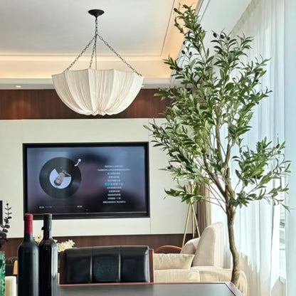 Lantern Fabric Pendant Light Modern Farmhouse Drum Chandelier Faux Silk Cloth Shade 3 Lights Wabi Sabi Light Fixture Farmhouse Ceiling Hanging Light for Dining Room Bedroom