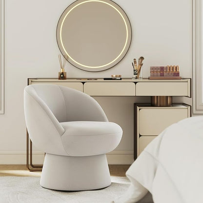 360° Swivel Accent Chair with Curved Back, Modern White Chenille Upholstered Round Barrel Chairs, Vanity Chair, Bucket Armchair for Small Space,Living Room, Bedroom