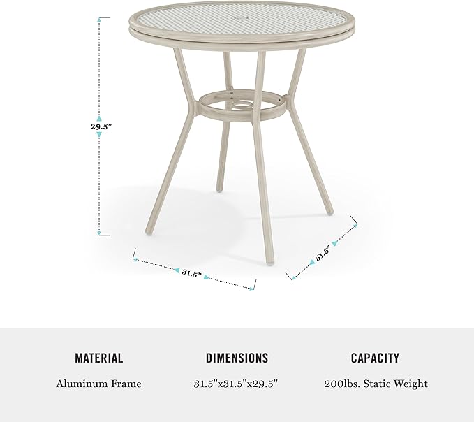 Martha Stewart Lily Pond 31” Round Indoor Outdoor Bistro Dining Table with Aluminum Frame in Gray Woodgrain and Rattan Top in White/Gray with Tempered Glass Top