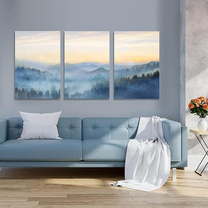 YJYart Foggy Forest Canvas Wall Art Landscape Mountain Wall Art for Living Room Sunrise Wall Decor Modern Artwork Canvas Prints Pictures for Wall Home Office Size 24"x 36"x 3pcs