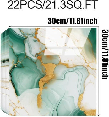 22pcs Marble Peel and Stick Backsplash Waterproof Washroom Wall Panels, Peel and Stick Tile, PVC Foam Wall Panels for Kitchen,Bathroom,Living Room,Green and Gold(Not Real Tile,11.8" x 11.8")