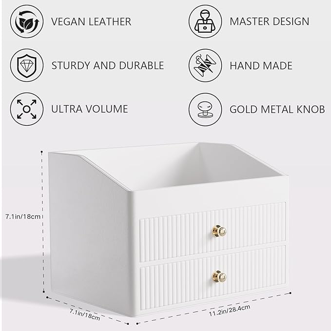 Desk Organizer,Beige White Vegan Leather Desk Accessories & Workspace Organizers with 2 Drawers Key Holder with Gold-Tone Metal Accents knob，Jewelry Box,Nightstand