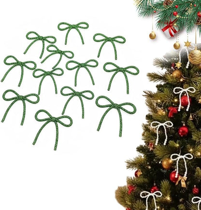Christmas Bows Ornaments, Champagne Gold Glitter Rhinestone Bow Ornaments with Twist Ties, Sparkly Christmas Tree Bow Topper Decorations for Wreaths, Garland, Gift Wrapping (Green)