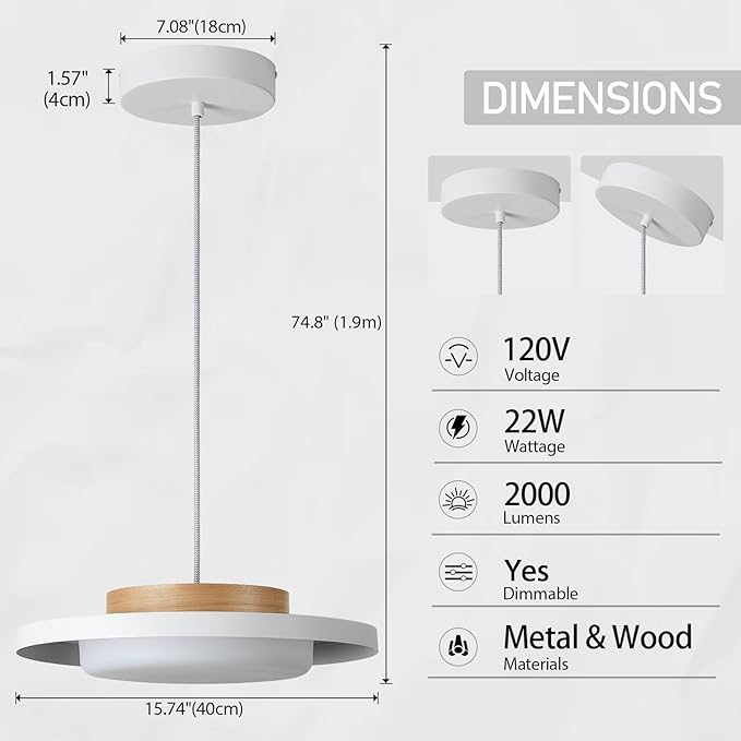 Mid Century Modern Pendant Lighting,15.7 inch,Natural Wood Cap, 3000K/Warm White/22W,Dimmable LED Pendant Light Fixtures, for Kitchen, Dining Room, Living Room