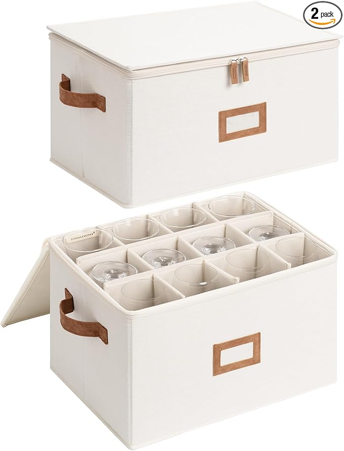 StorageWorks Stemware Storage Cases, Hard Shell Wine Glass Storage Box with Dividers for Glassware, Crystal, and China Holds 12 Standard Size Wine Glasses, 2 Pack, Beige