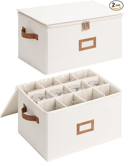 StorageWorks Stemware Storage Cases, Hard Shell Wine Glass Storage Box with Dividers for Glassware, Crystal, and China Holds 12 Standard Size Wine Glasses, 2 Pack, Beige