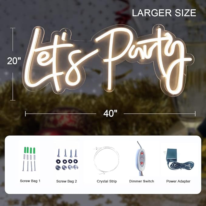 Divatla Super Large Neon Sign - 'Let's Party' for Engagement, Prom, Wedding & More - Dimmable, Warm White