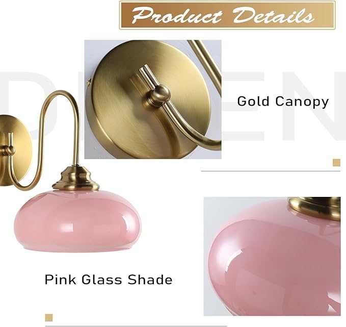 KCO Lighting Nordic Pink Glass Globe Wall Sconce Light Mid Century Modern Gold Wall Light Brushed Brass Wall Sconce Lamp Bedroom Wall Sconces Hardwired Indoor Sconce Wall Lighting